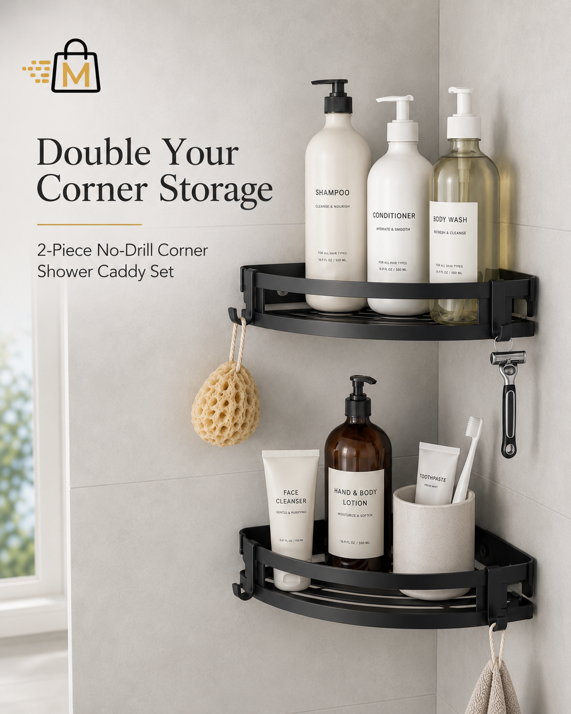 Black 2-piece no-drill corner shower caddy set installed on light gray bathroom tile