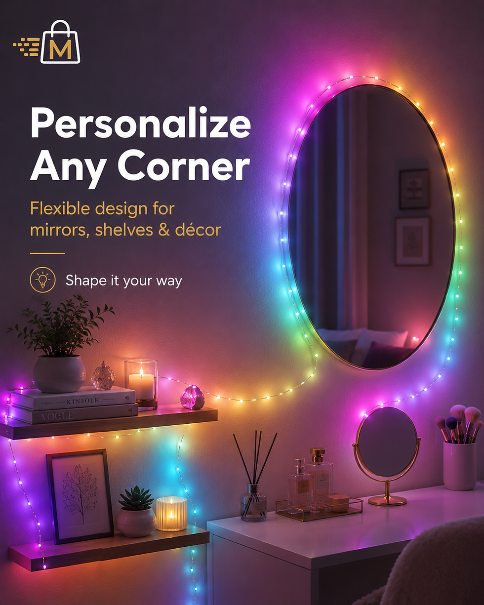 Thumbnail: Colorful RGB fairy lights decorating a mirror and shelves in a cozy modern bedroom corner.
