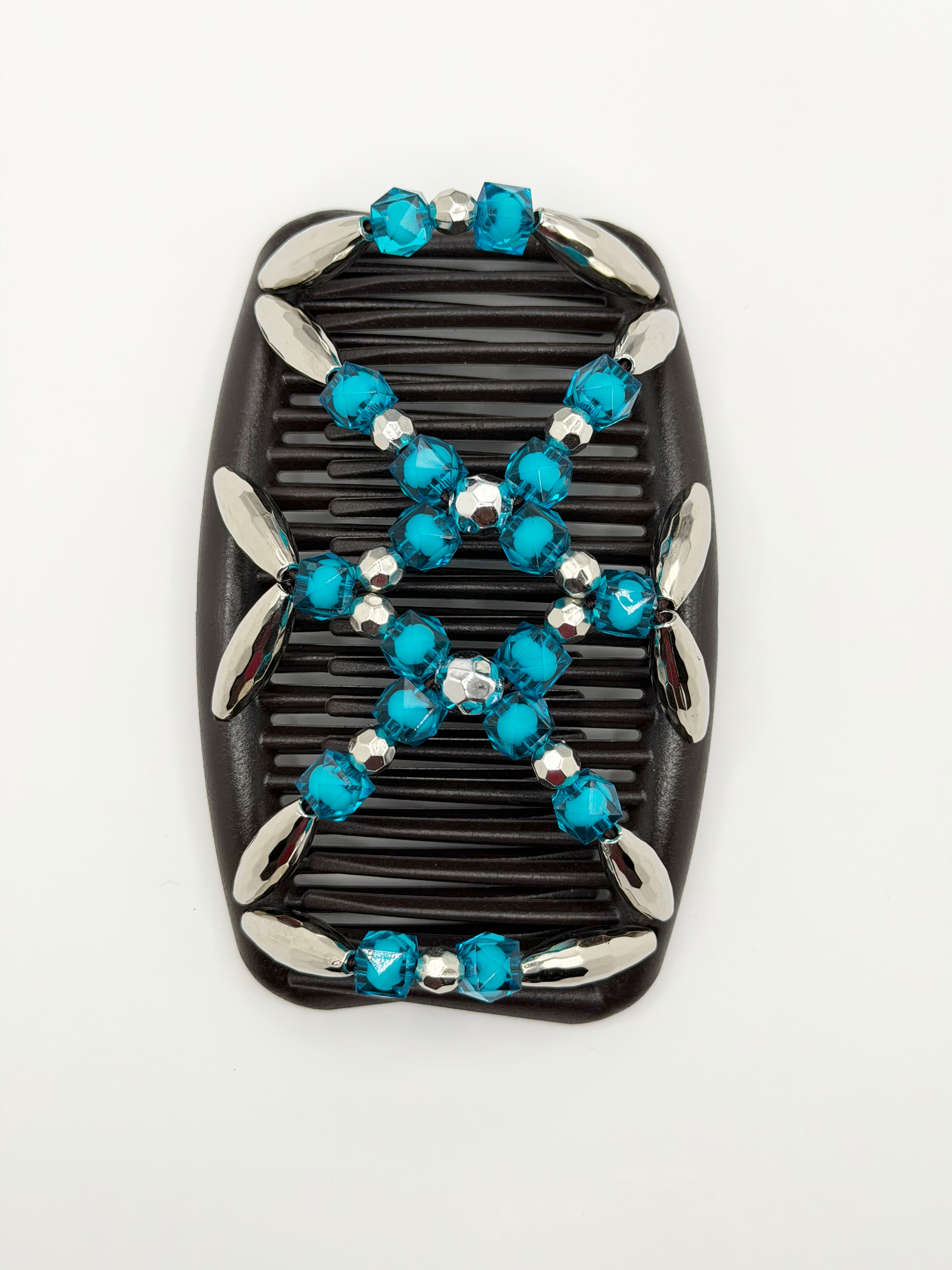 Majestic Silver Turquoise Facet Large Brown -Suitable for Thick or Long Hair