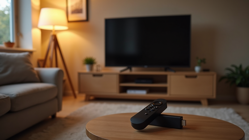 Wide angle view of a cozy living room setup with a TV and Fire TV Stick