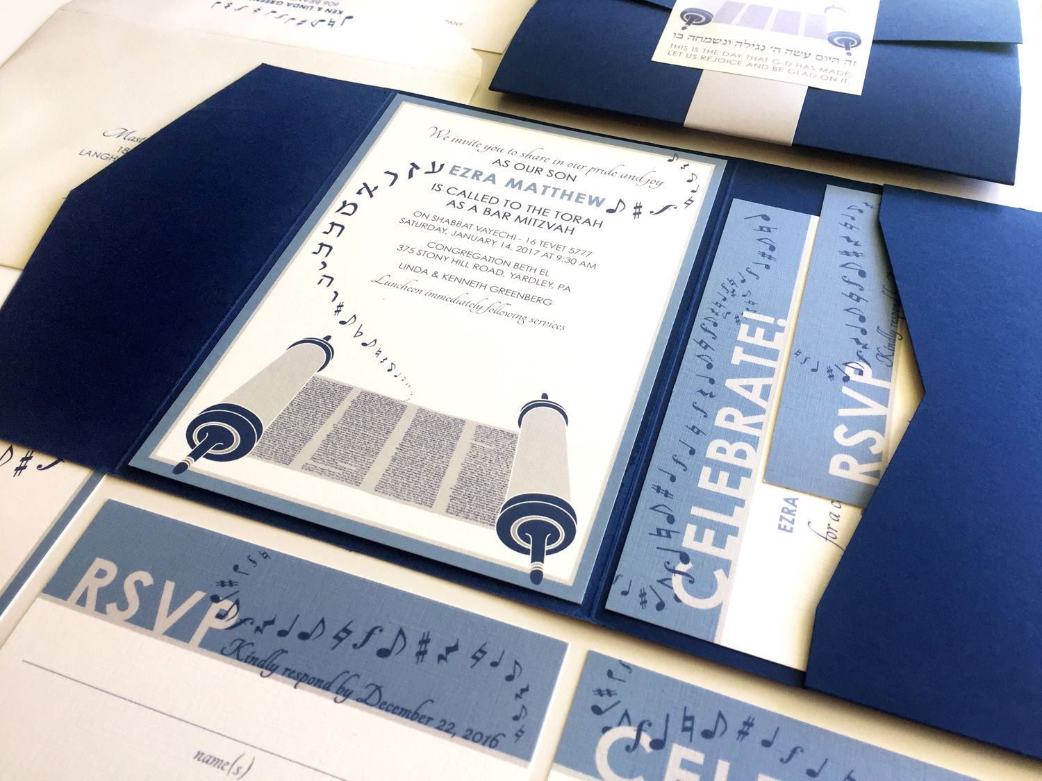 Torah Bar Mitzvah Invitation, Music Torah Bat Mitzvah Invitations, Navy Blue