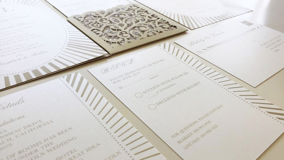 Thumbnail: Gold Wedding Invitation Set, Oval Invitations, Lace Cutout Pocketfold, Script