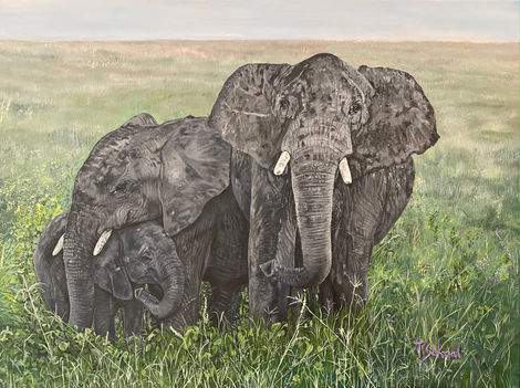 acrylic painting of mom, daughter and baby elephants in africa.