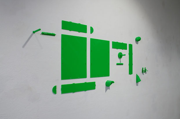 Installation view, Pangea, Take II, 3D designed and printed composable case with objects,