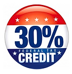 Circular stamp with red, white and blue colors, containing the text '30% federal tax credit.