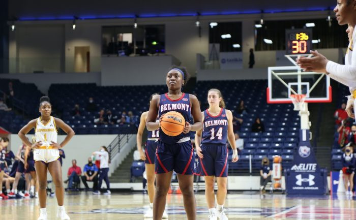 Destinee Wells takes two shots from the free-throw line during Belmont's 67-62 win over the Lipscomb Bisons.