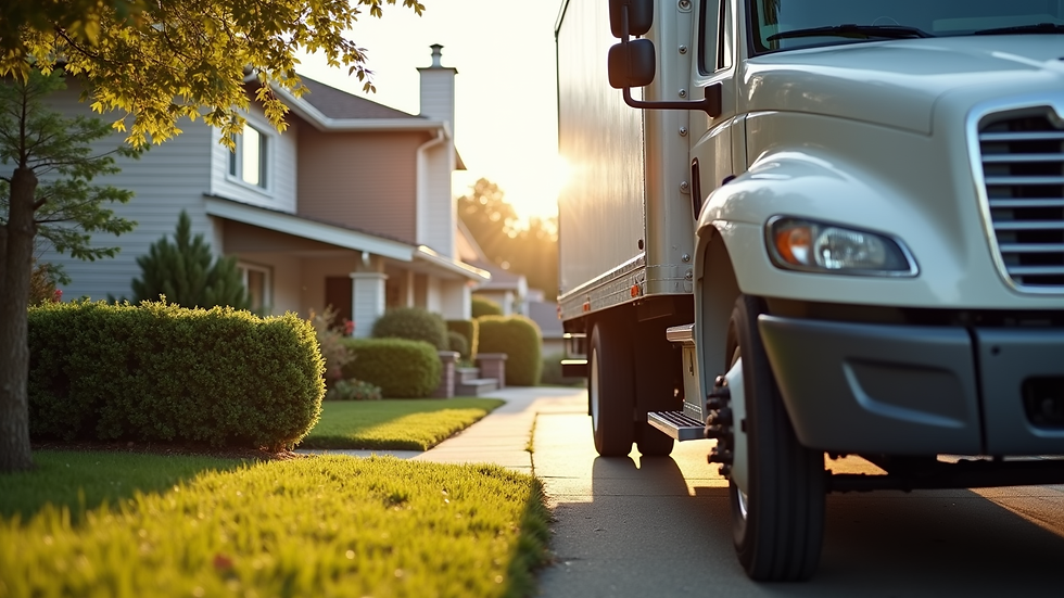 Close-up view of a moving truck parked outside a residential home