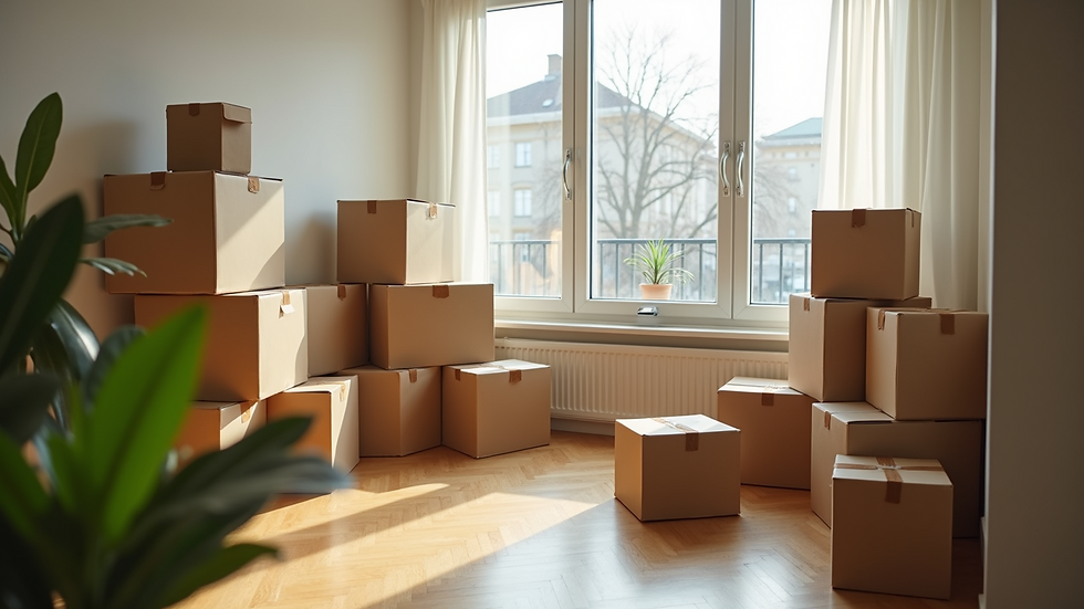 High angle view of packed moving boxes stacked neatly in a living room