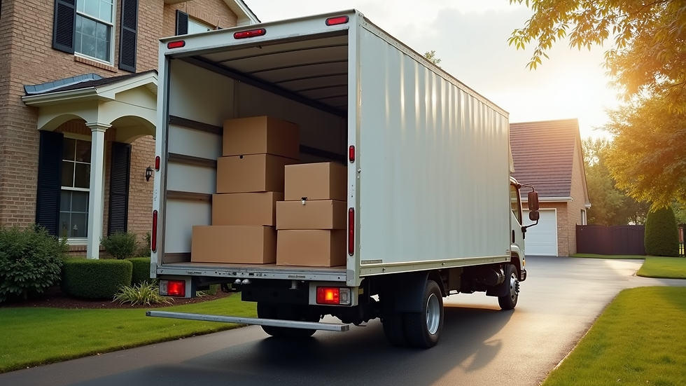 Wide angle view of a moving truck parked outside a house with packed boxes ready to load