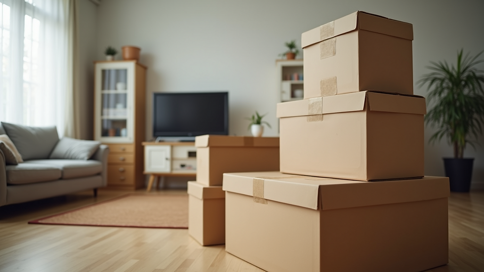 Eye-level view of moving boxes stacked neatly in a living room