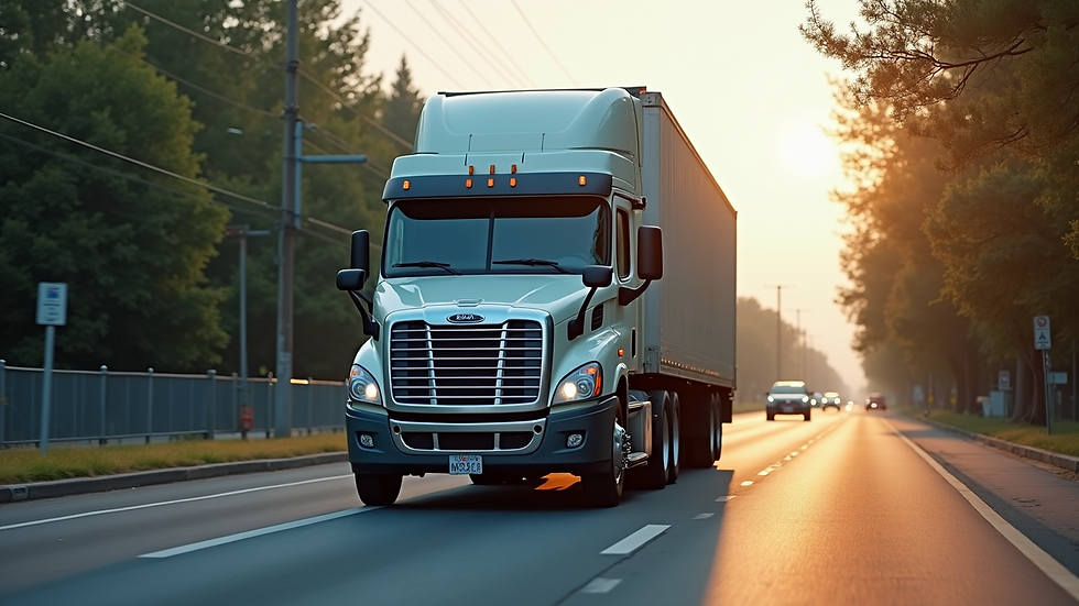 Eye-level view of a moving truck parked
