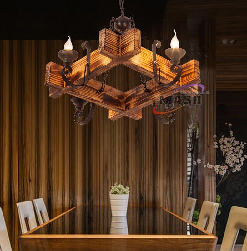 Miniatura: Indoor polygonal wooden design candle chandelier light fixture