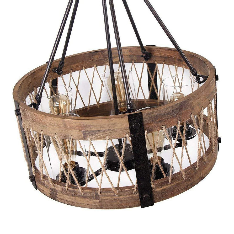 Miniaturbild: Rustic design round wooden chandelier with hemp rope decor