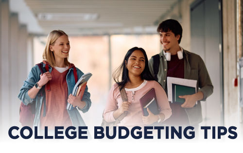 Smiling student with backpack and notebooks outside a glass building; text reads Stretch Your Student Dollars