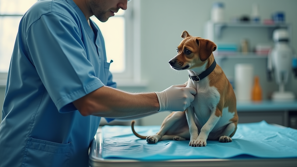 Close-up view of a veterinarian examining a small dog on a mobile vet table