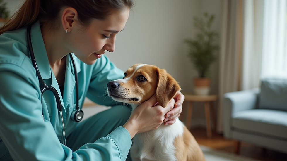 Close-up view of a mobile vet examining a dog in a home setting