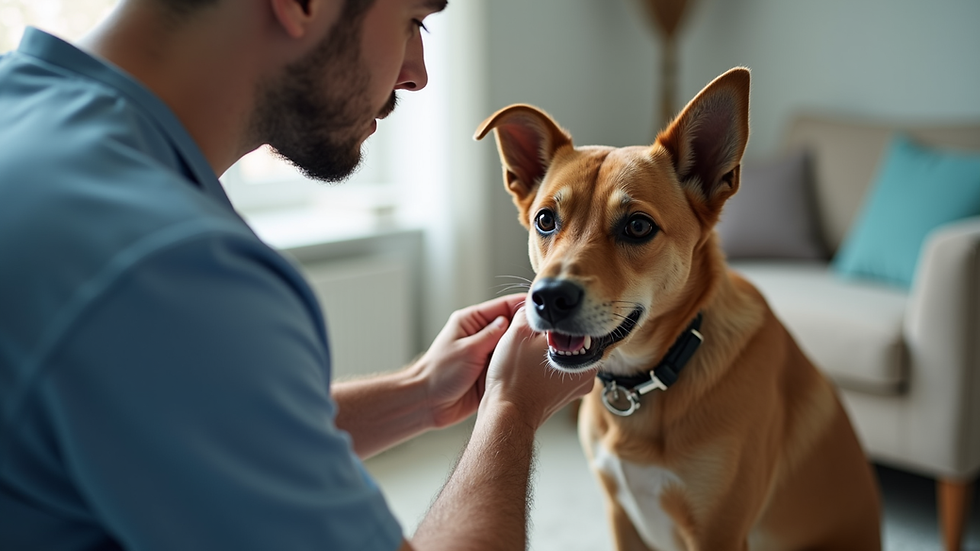 Close-up view of a veterinarian examining a dog in a home setting