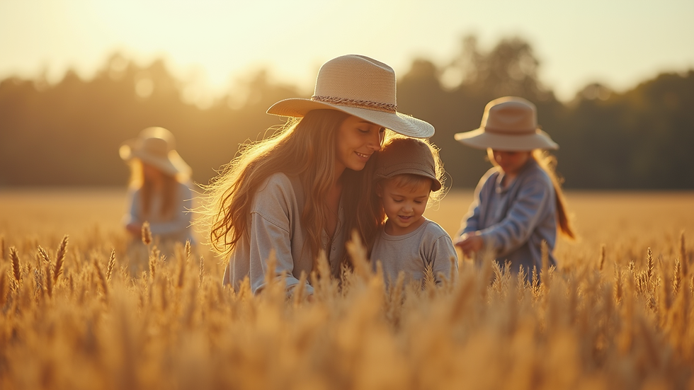 Eye-level view of a family working together in a field