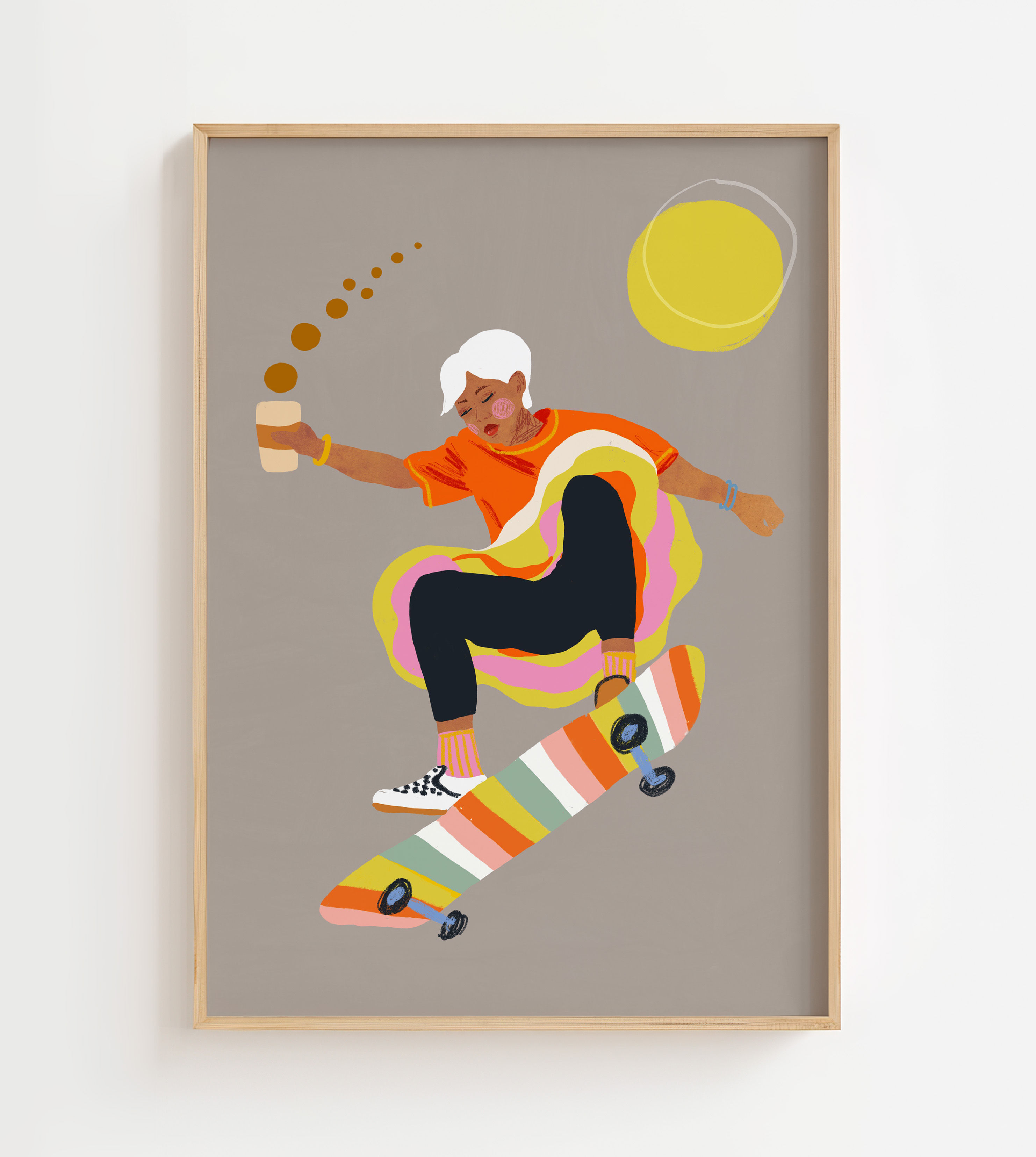 Plakat Skateboard – autorska ilustracja Gigi Rosado inspirowana kulturą skateboardingu i miejskim stylem życia.