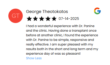 Five star review from George Theotokatos about his hair transplant with Dr. Panine