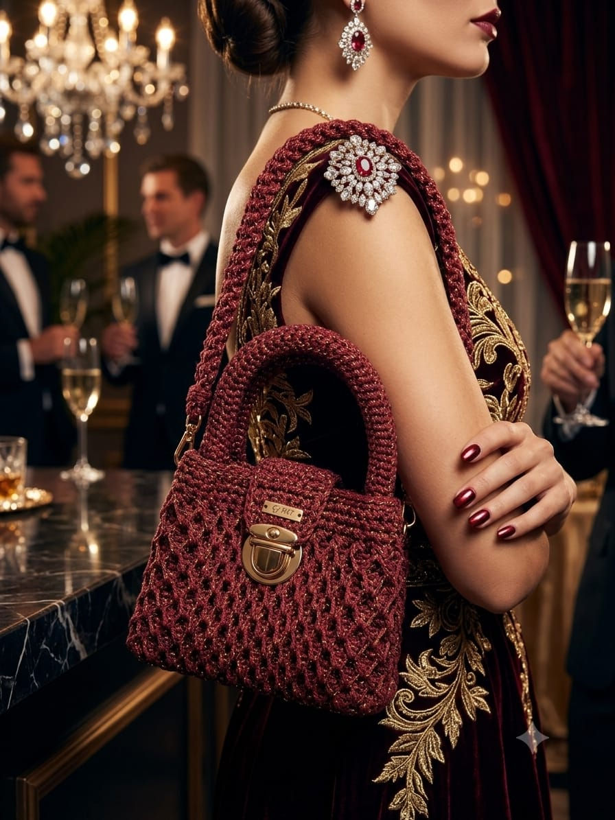 Miniatura: Bolsa de Crochê – Vinho Lurex com Fecho Dourado