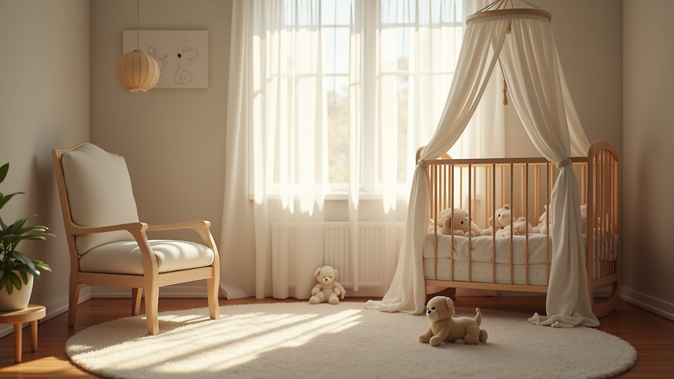 Eye-level view of a cozy nursery with soft lighting