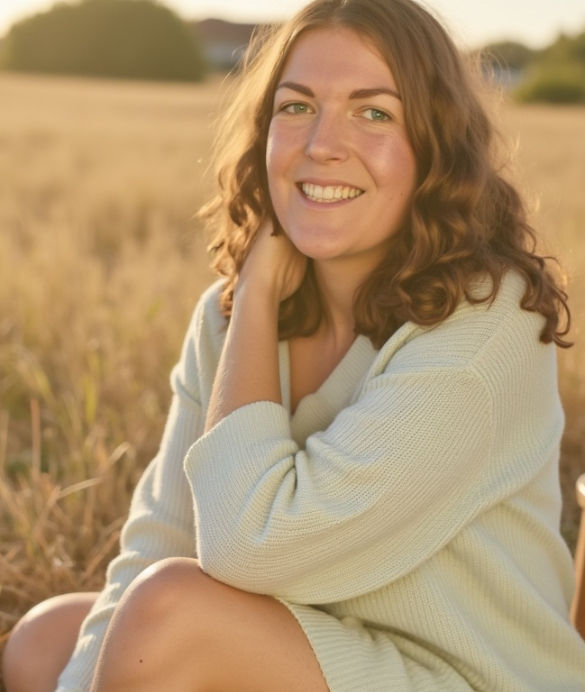 Frau mit braunen Locken sitzt lächelnd im warmen Abendlicht auf einem Feld, trägt einen hellen Strickpullover und wirkt entspannt und natürlich.