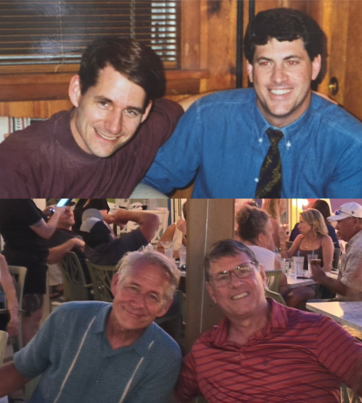 A then-and-now photo of Dr. Tom Wagner and his friend Jerry from 1998 and one at a restaurant in Ft. Meyer’s Beach