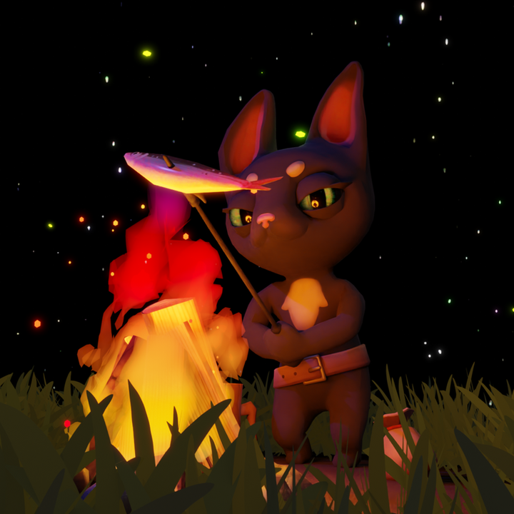 A small cat thief frying a fish on a campfire. The fish is stuck on a fire poker.