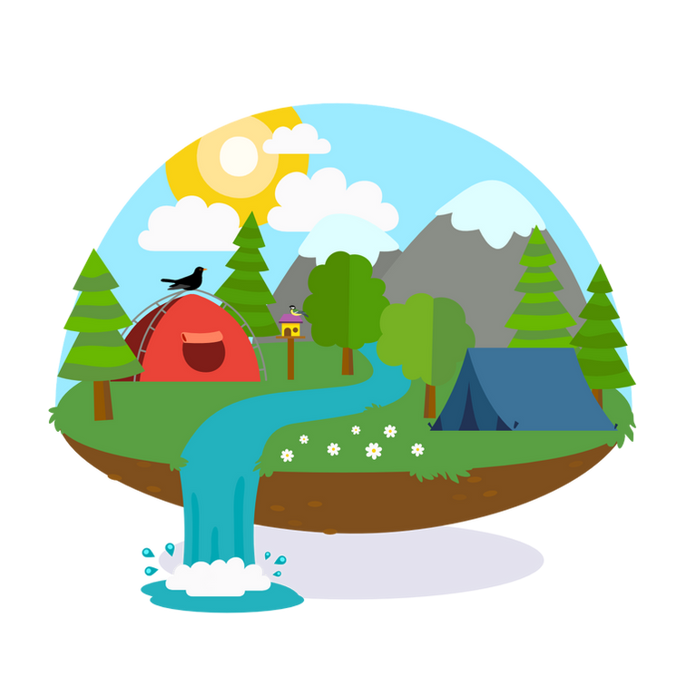 a floating island with sky background. The island has a river running through it and two tents. There are some trees and a birdhouse also.