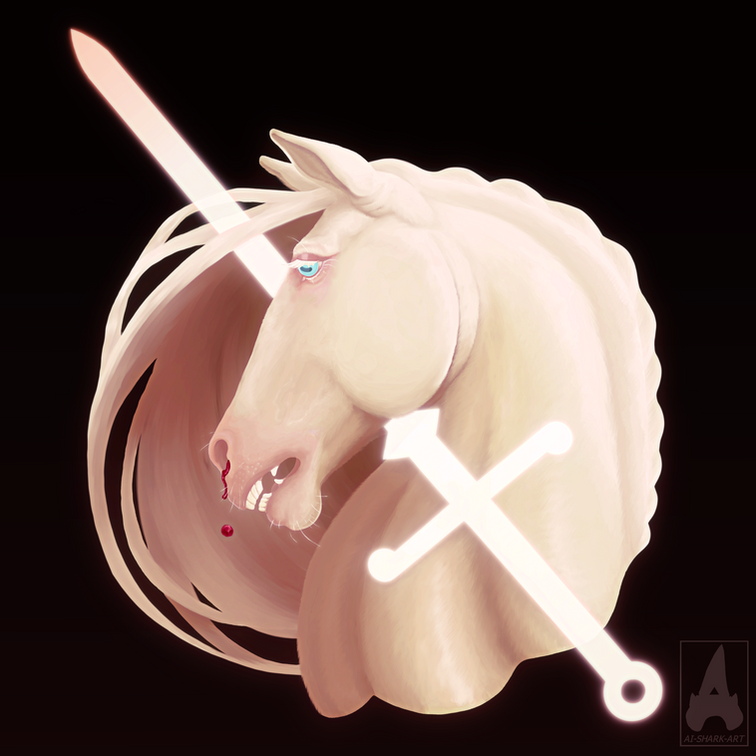 A white almost pinkish horse with a bright blue eye. It has a glowing white sword pierced through its head akin to the horn of a unicorn.