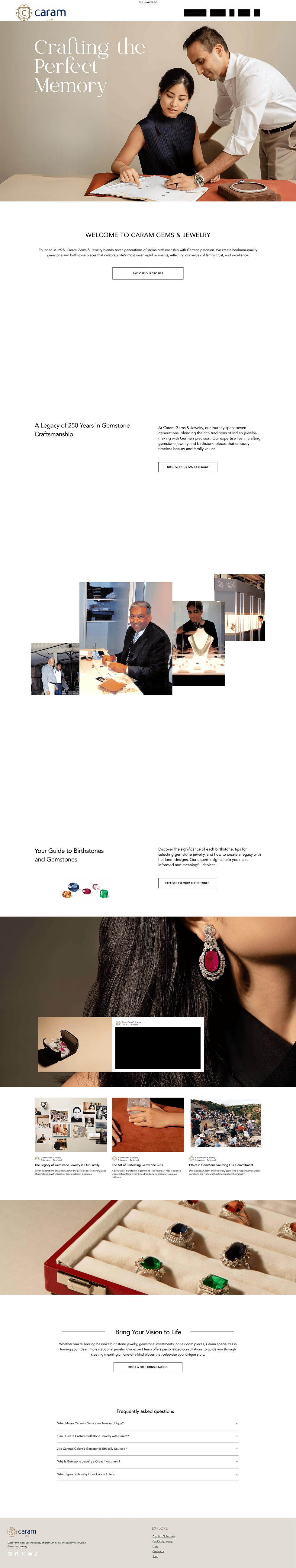 Screenshot of Caram Gems’ website showcasing their brand story, heritage-inspired jewelry collections, and sustainability-focused craftsmanship.