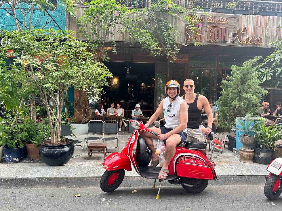 Travelers enjoying traditional Vietnamese egg coffee at a hidden café.