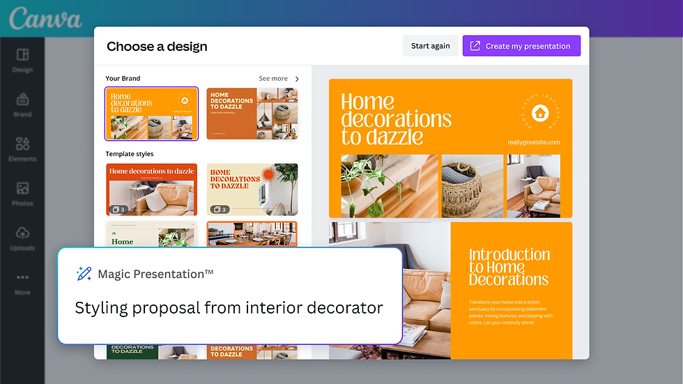 Canva’s AI helps you build slides instantly, and you can customize them using thousands of templates and design elements.