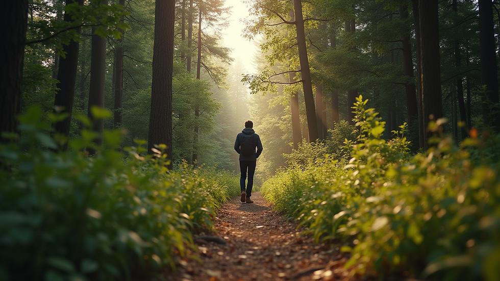 Eye-level view of a person walking on a forest trail