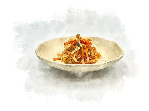 A white ceramic bowl containing kinpira gobo - thin julienned strips of burdock root and carrot seasoned and stir-fried until golden brown, presented in an artistic watercolor illustration style.