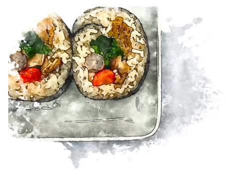 Four slices of vegetable futomaki sushi in watercolor style showing cross-section with nori, white rice, and colorful vegetable fillings including carrot, spinach, burdock root, and shiitake mushroom