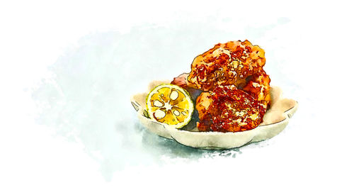Watercolor-style illustration showing crispy Japanese karaage fried chicken pieces with textured golden-brown coating, served on a white ceramic plate with a fresh lemon wedge, set against a soft blue and neutral watercolor background.