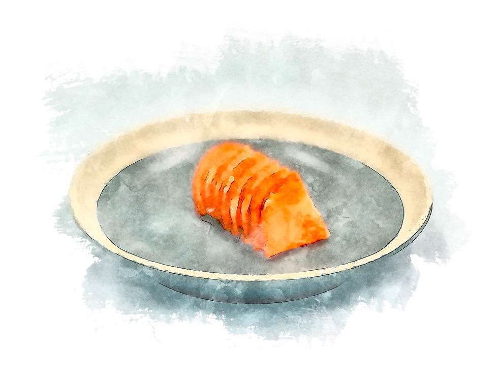 Sliced carrot nukazuke arranged on a gray ceramic plate with cream rim, shown in watercolor illustration style.