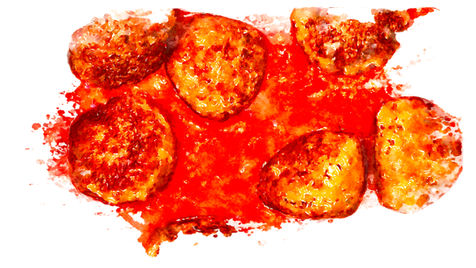 Plant-based Italian meatballs in tomato sauce, watercolor style illustration of polpette senza carne.