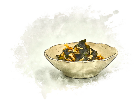 An original photograph with watercolor filter applied, showing a traditional Japanese sunomono featuring rehydrated dried daikon radish and dark wakame seaweed arranged in an artisan ceramic bowl.