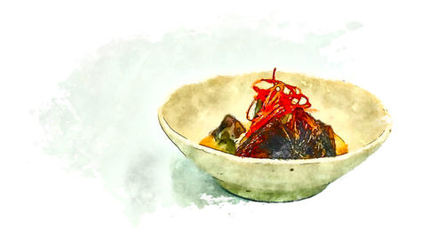 Watercolor illustration of fuyu persimmon with sesame cream: sliced Kuroama persimmon with distinctive dark-speckled flesh in a ceramic bowl, garnished with julienned persimmon skin and sesame cream.