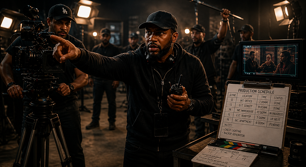 Black film producer coordinating crew on a professional movie set