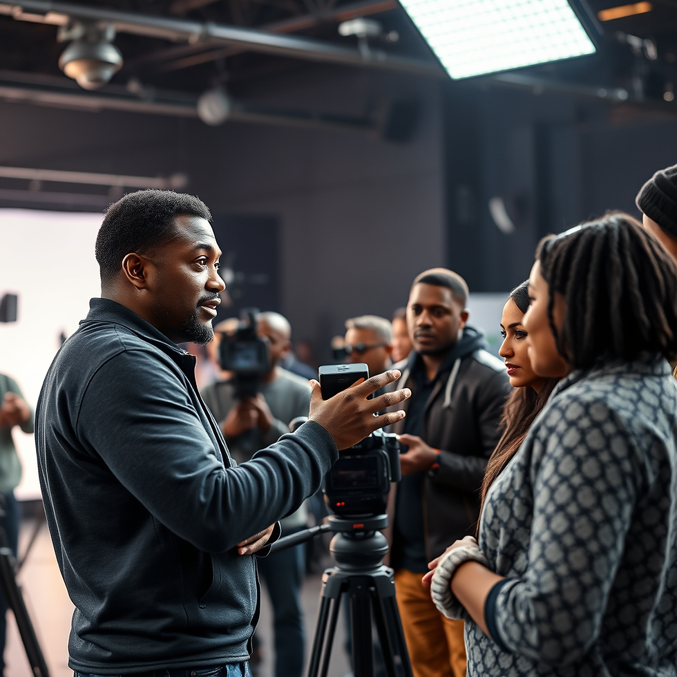 Film director leading a movie set while crew works behind the scenes, illustrating the difference between director and producer roles in filmmaking