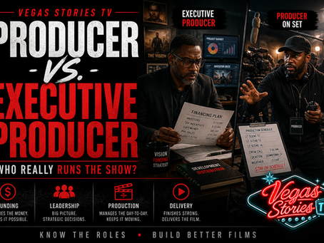 Graphic explaining the difference between a Producer and Executive Producer in filmmaking, highlighting funding, leadership, production management, and delivery roles