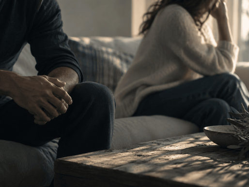 couple sit divided on a couch