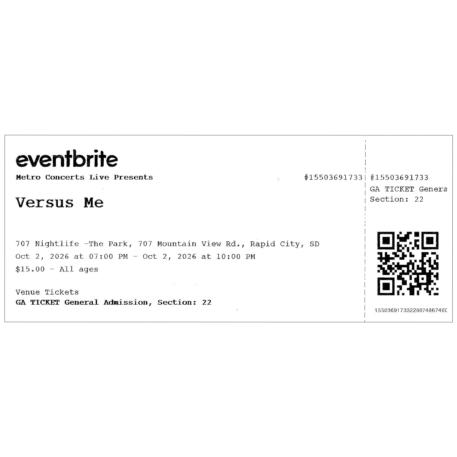 Ticket – Oct 2 at 707 Sportsbar & Nightlife (w/ Versus Me)
