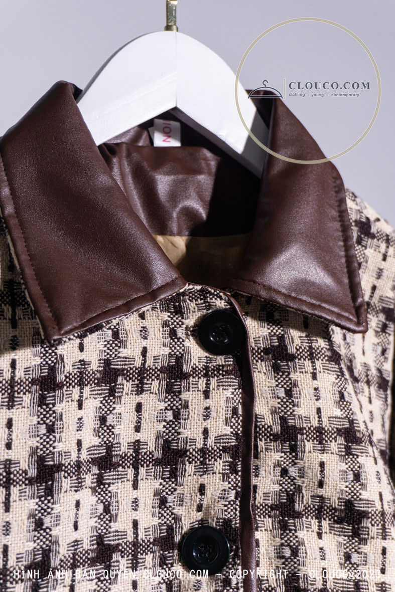 Hình thu nhỏ: Áo khoác dạ phối cổ và ống tay bằng da