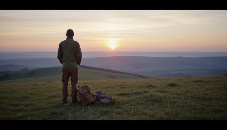 Wide-angle view of a person watching sunrise from a quiet hilltop