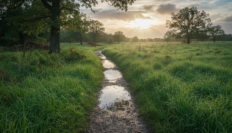 Eye-level view of a narrow path through wet grass as sunlight breaks through clouds after rain